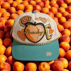NWT Peachy C Turquoise White Trucker Hat Embroidered Patch Retro Festival Y2K